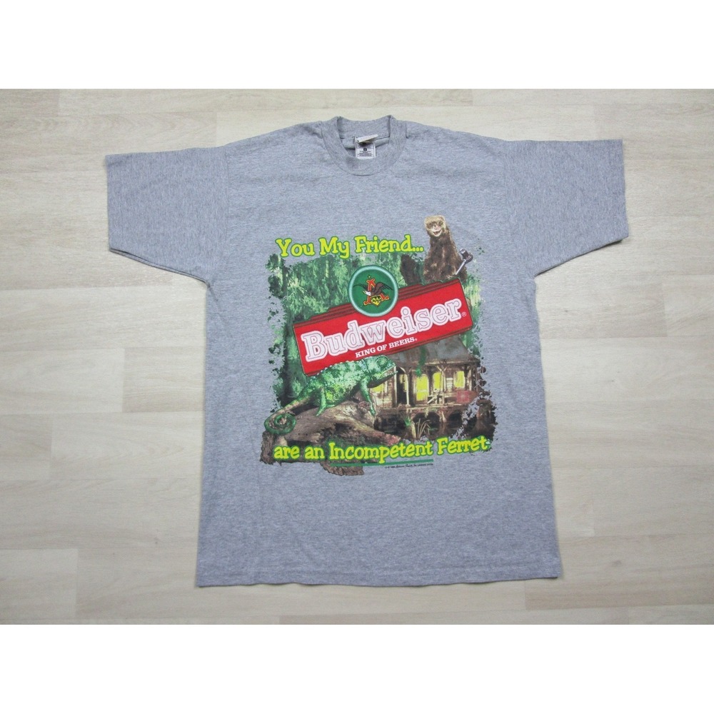 Vintage 90s Budweiser T-Shirt (L) "Incompetent Ferret" Weasel Louie Lizard Beer